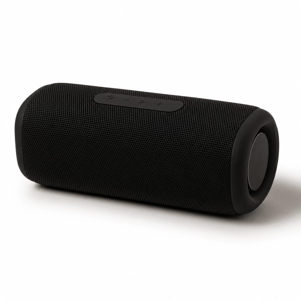 A single matte black portable bluetooth speaker on pure white seamless, photographed for an Amazon main image.