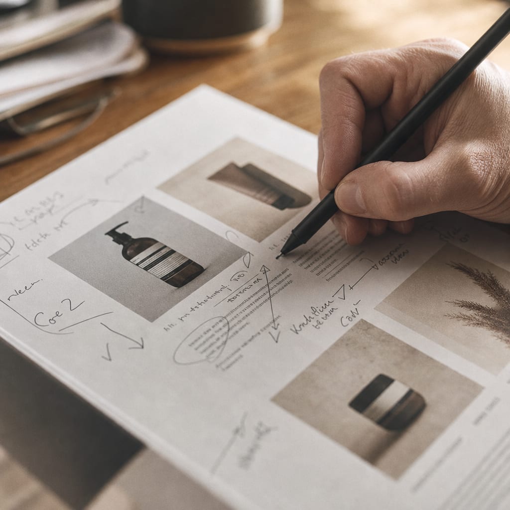 A hand using a stylus to annotate a printed product listing proof sheet on a warm wood desk.
