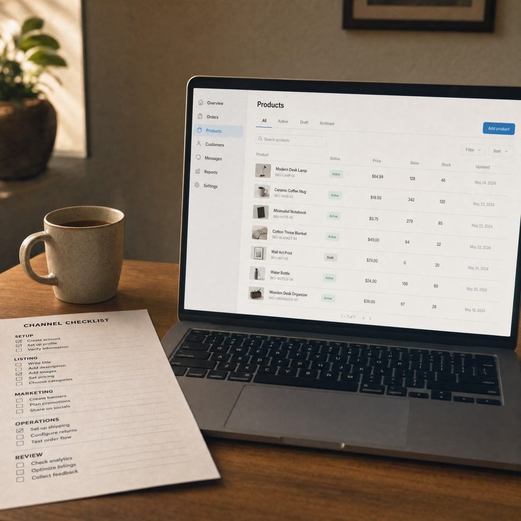 A studio workstation: a laptop screen showing a marketplace seller dashboard with several product listings, a printed channel checklist beside it on a warm wood desk.