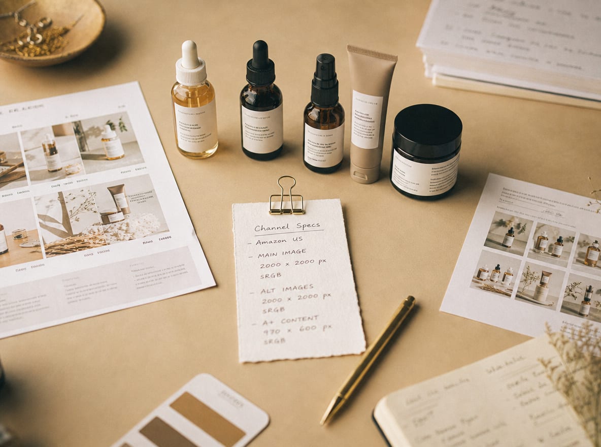 A studio worktable flat-lay with skincare bottles, printed channel specs and brief notes, the start of an eCommerce content engagement.