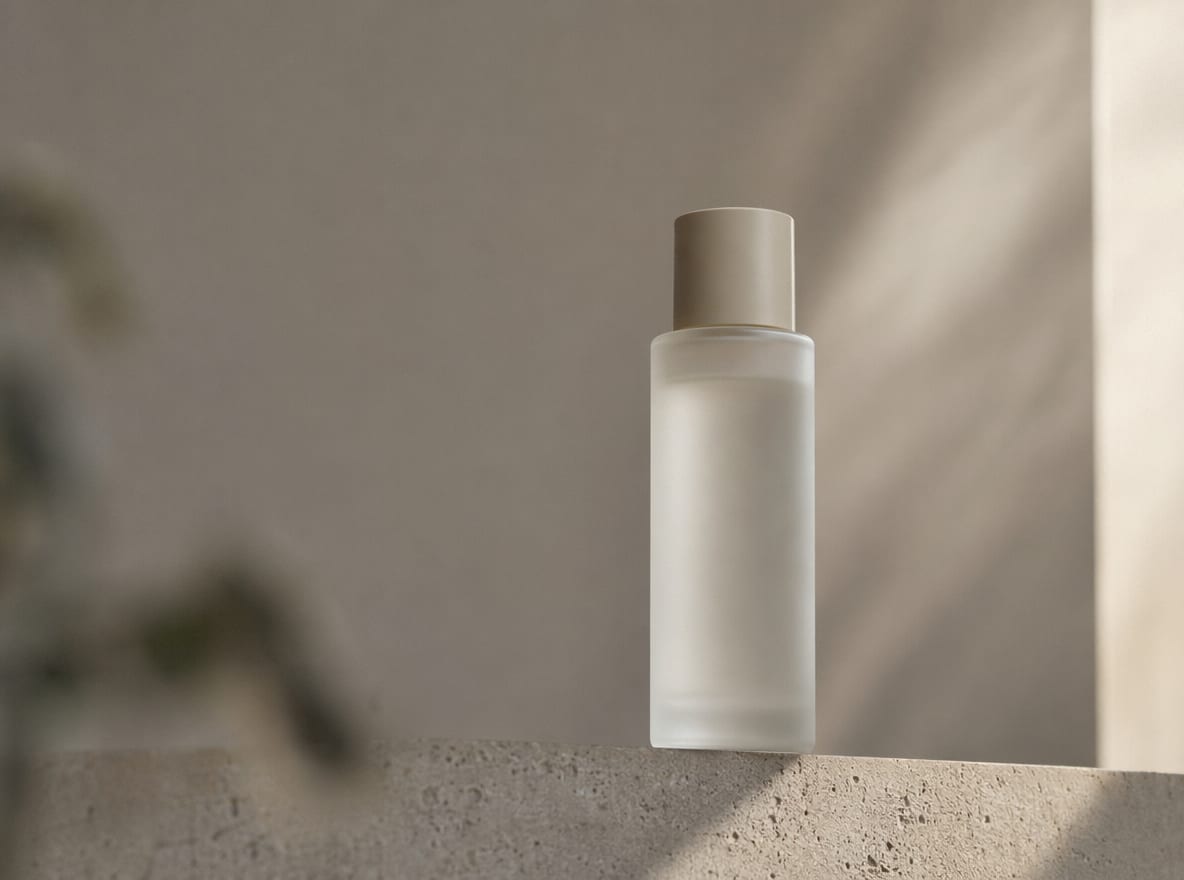 A frosted glass skincare bottle styled as a single editorial hero shot on a stone ledge, an art-directed marketplace hero.