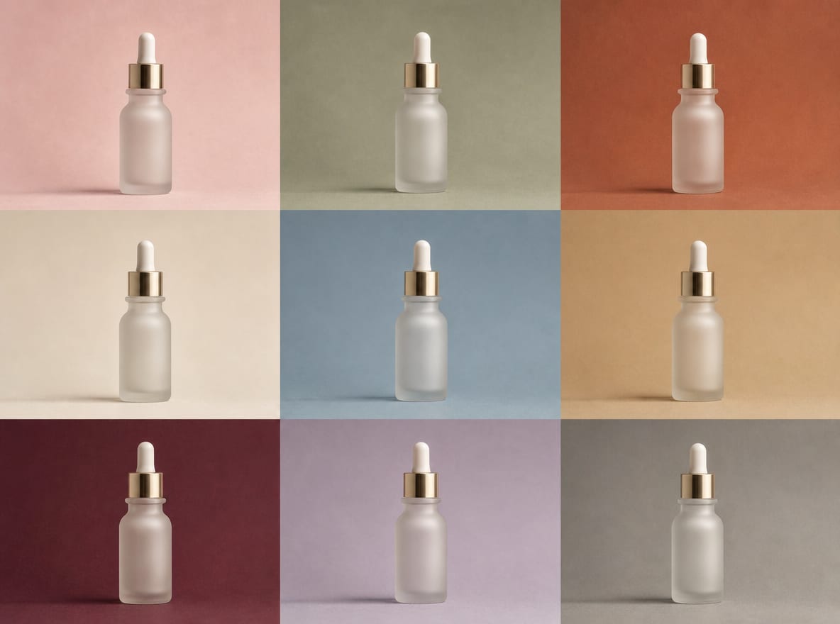 A nine-frame grid of the same skincare bottle photographed against different coloured seamless backdrops.