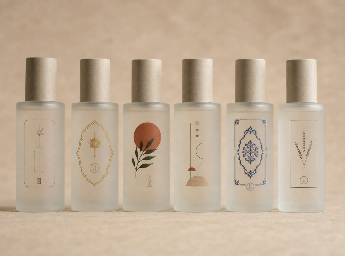A row of the same skincare bottle in different market label variants on warm beige paper.
