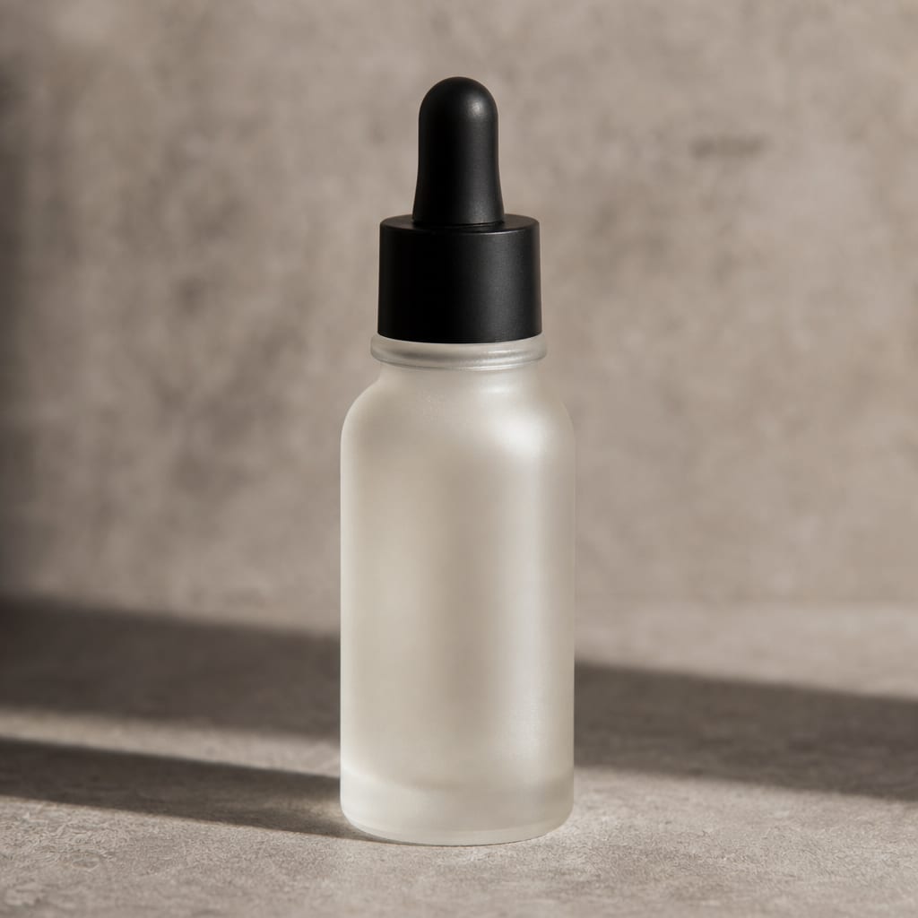 A frosted glass serum bottle with a black dropper cap on a pale stone gray backdrop, premium skincare hero.