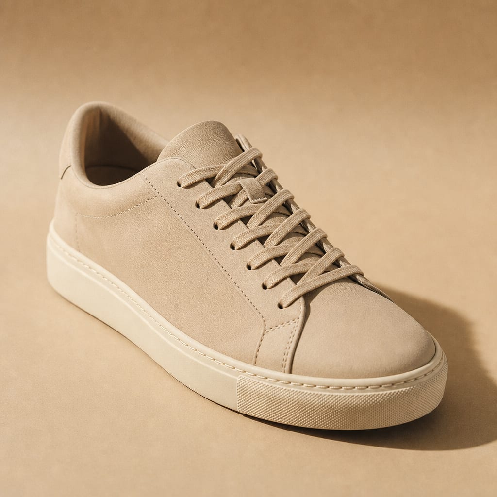 A beige minimalist low-top sneaker on warm sand-coloured paper, three-quarter angle, Shopify catalog hero.