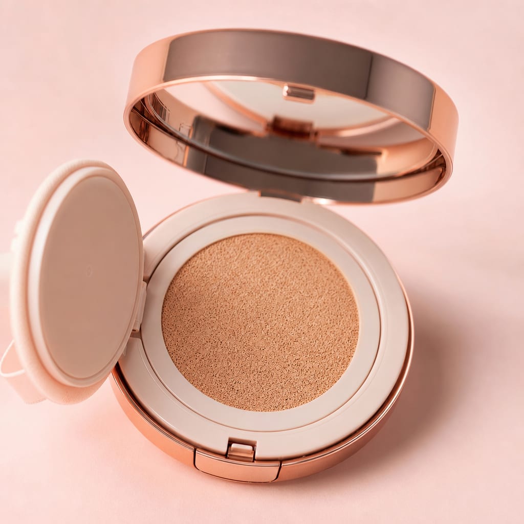 An open rose-gold cushion compact on a pale pink backdrop, photographed for a Tmall beauty flagship.