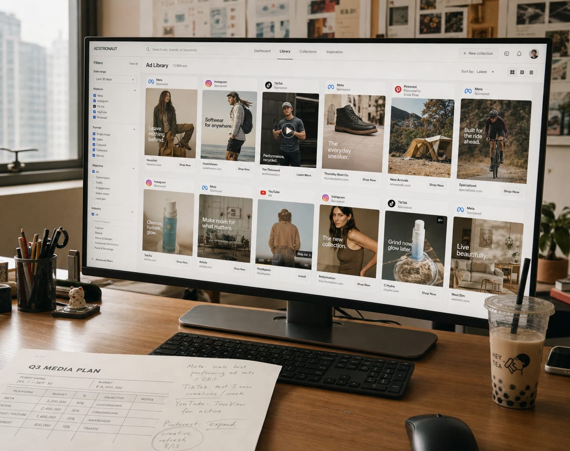 A wide monitor showing an ad creative library, a grid of single-image, carousel and video ad preview cards for paid social and shopping placements.