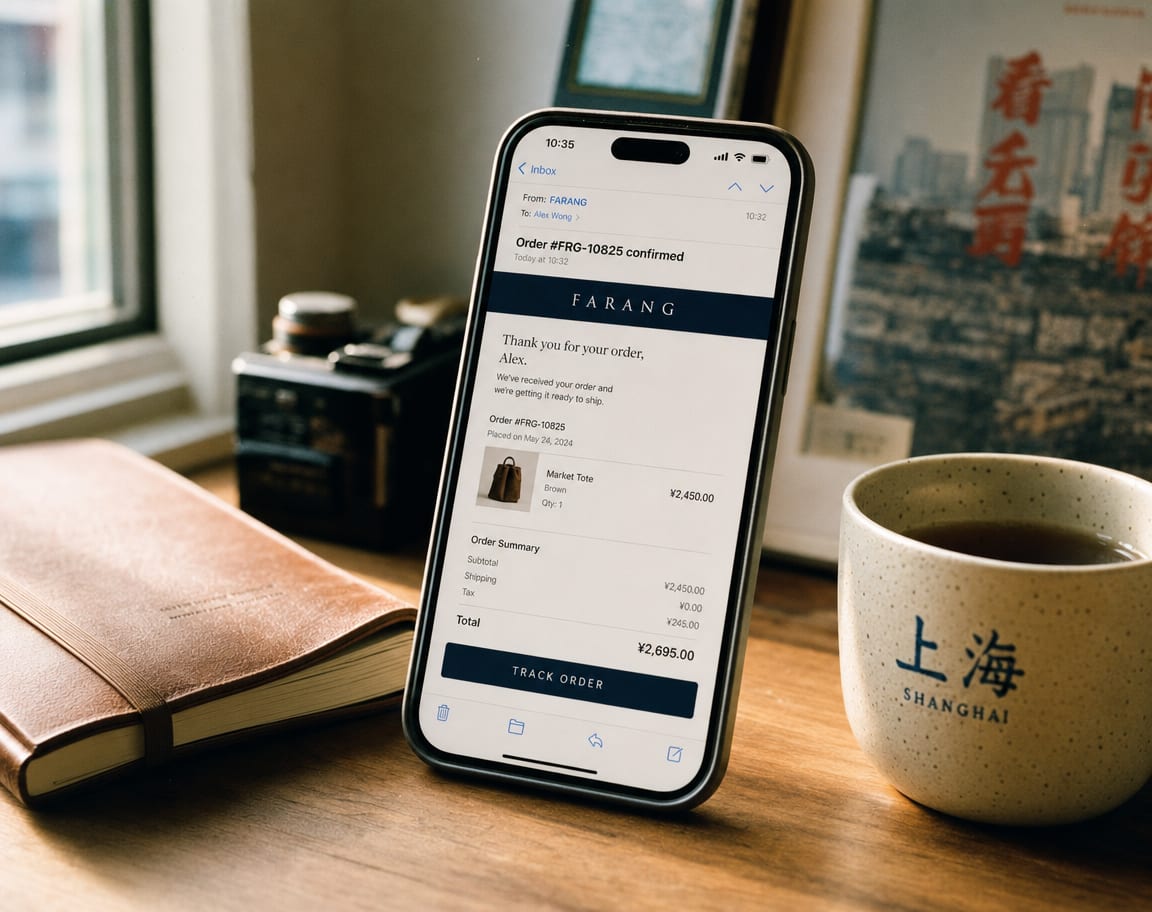 A phone on a studio desk, the screen showing an email inbox open on an order-confirmation message, a brand header, a product line item with a thumbnail and price, and a track-order button.