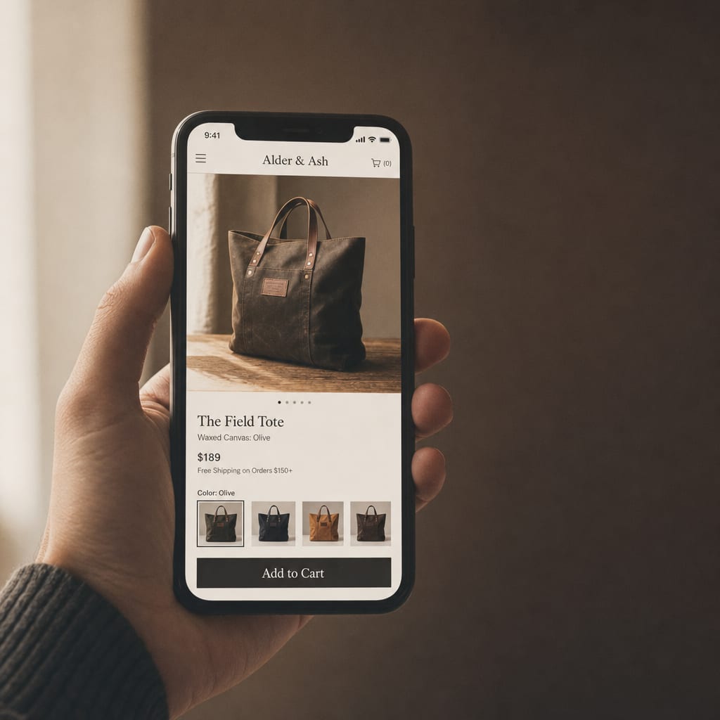 A hand holding a phone in warm rim light showing an online store product detail page.