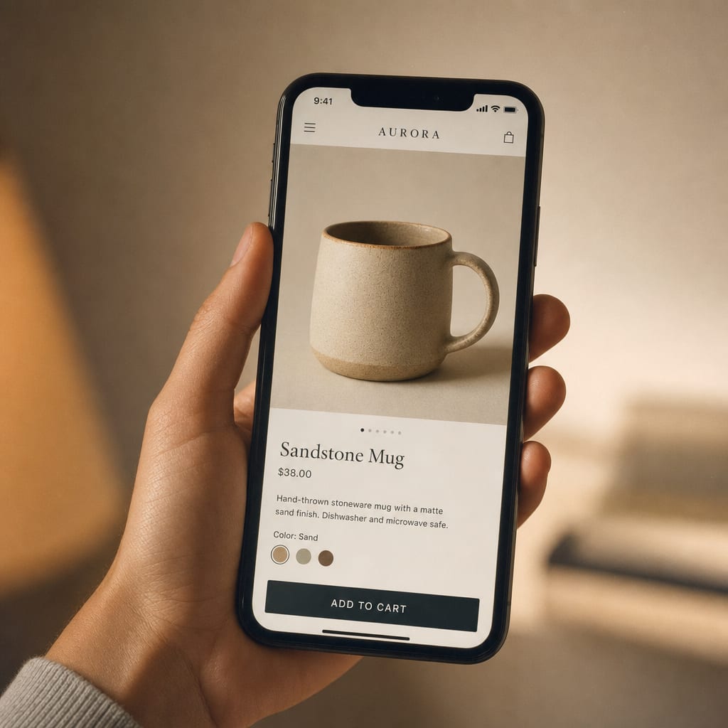 A close cinematic detail of a hand holding a phone vertically against a soft cream background, the screen filled with a single online store product detail page, the product image, price line and add-to-cart button visible.