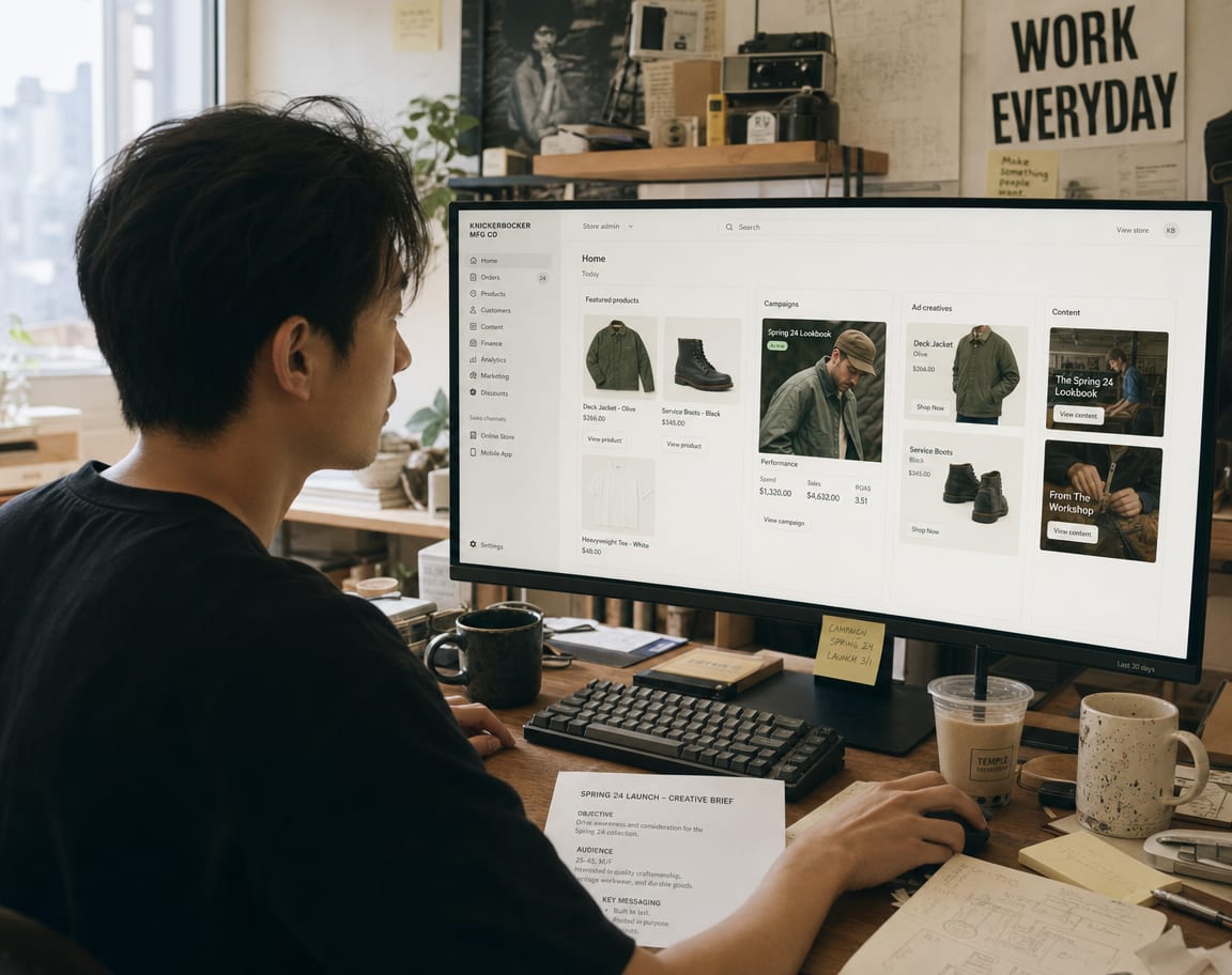 A producer at a wide reference monitor showing an online store admin view, columns of product page previews and ad creative cards arranged in a grid.