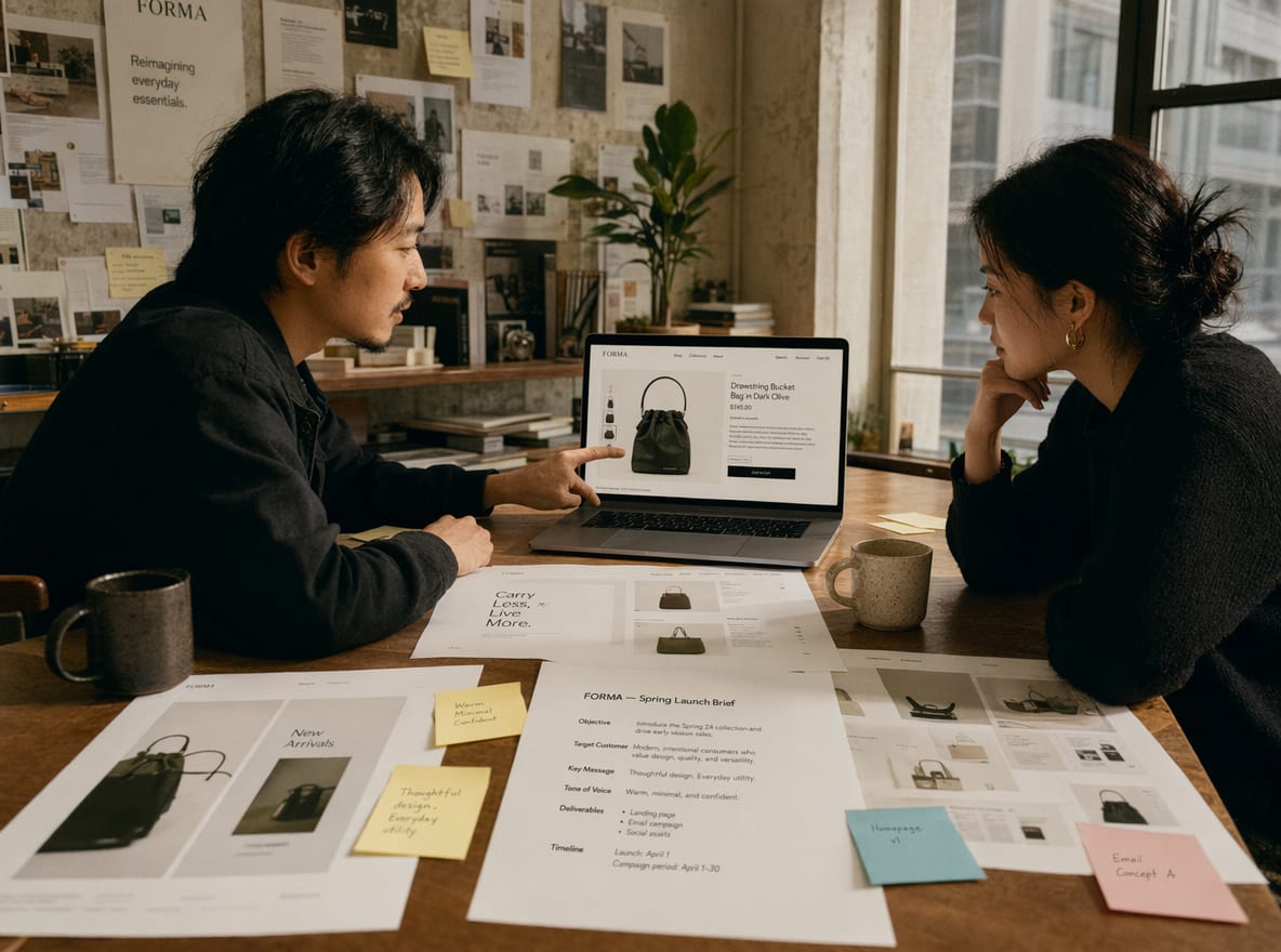 A creative director and a brand lead at a studio table, a laptop between them showing an online store product detail page alongside printed homepage layouts and product page screenshots.
