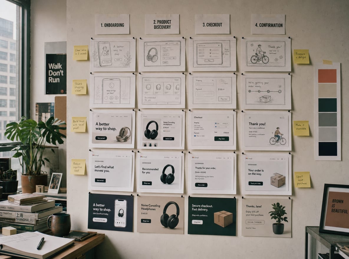 A storyboard wall with four columns of frame sketches labeled Product pages, Marketing, Email and Ad creative, each column anchored by a printed mock of that surface.