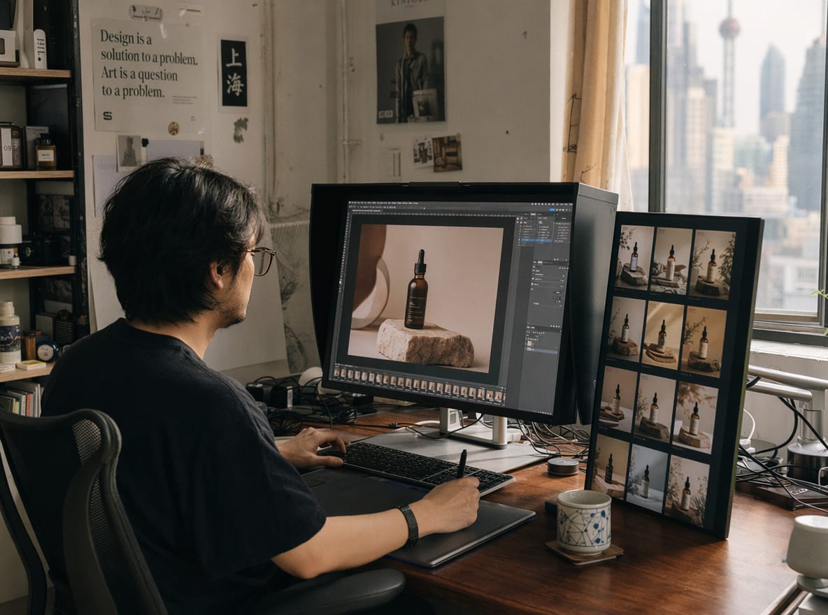 A motion designer at a calibrated workstation, the main monitor showing a single online store product photograph in retouch, the side panel showing a grid of generated product variations.