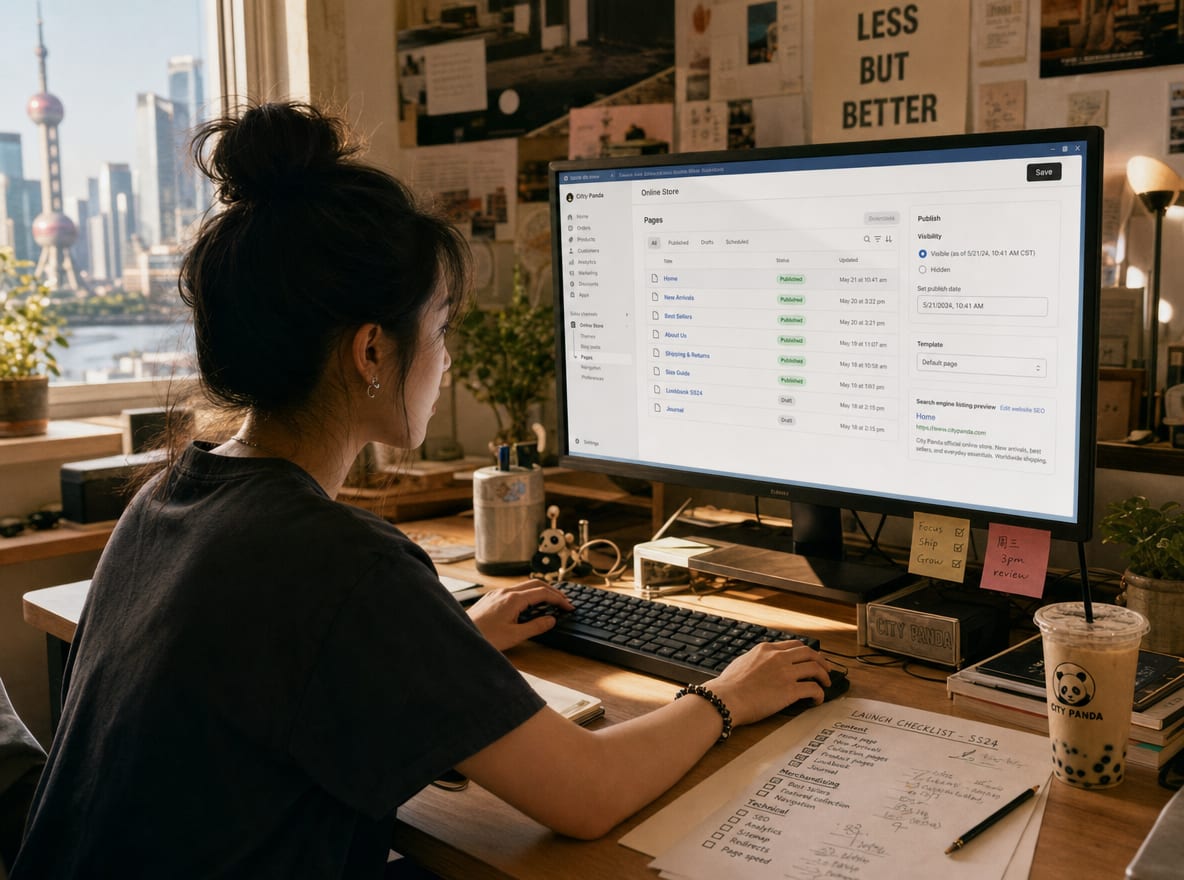 A web producer at a daylit studio desk, the calibrated monitor showing an online store admin dashboard with a list of product pages and a publish panel.