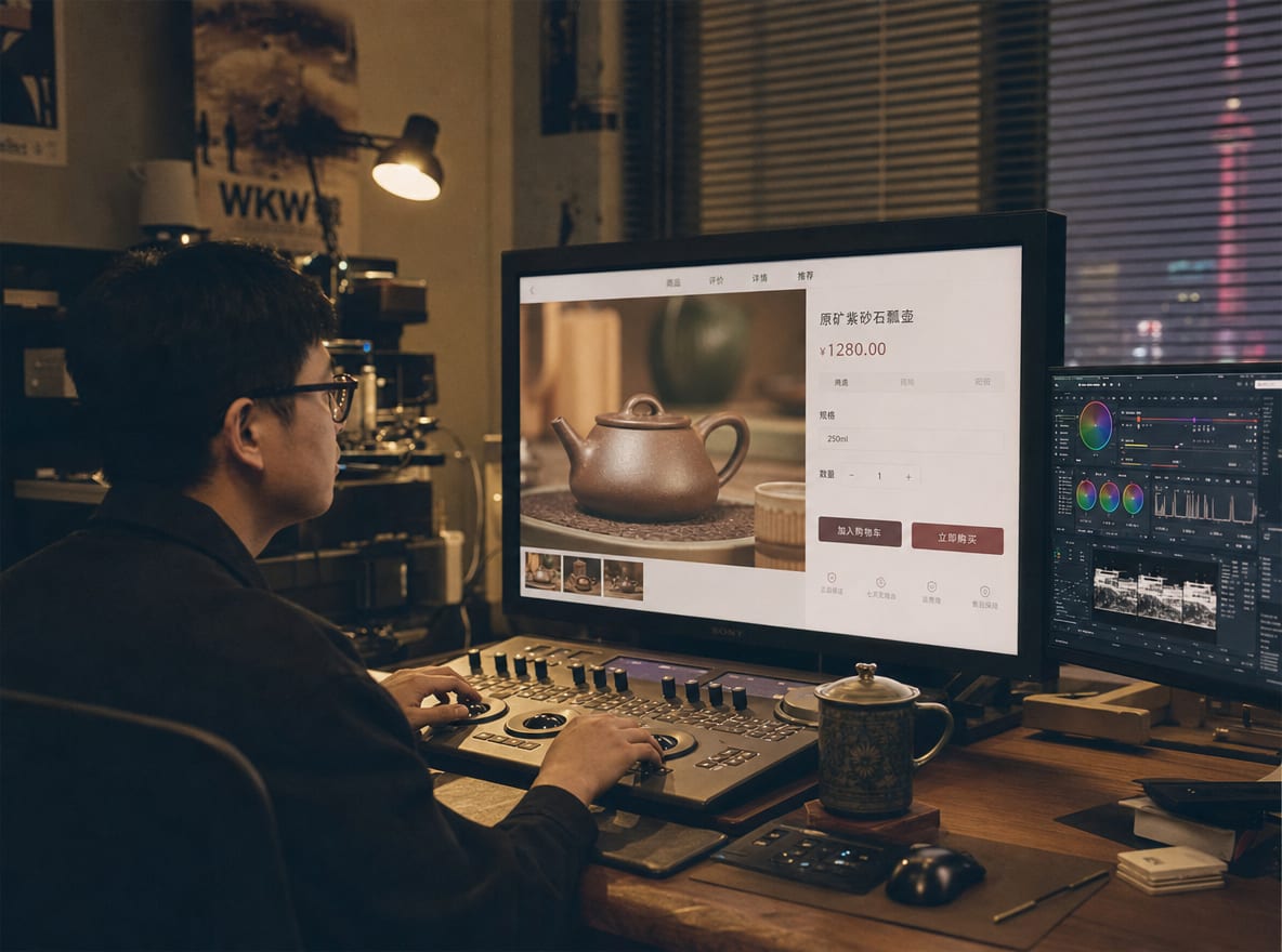 A colorist at a calibrated grading suite, the main reference monitor showing a warm product photograph paused inside a product detail page layout, the price line and add-to-cart button visible at the screen edges.