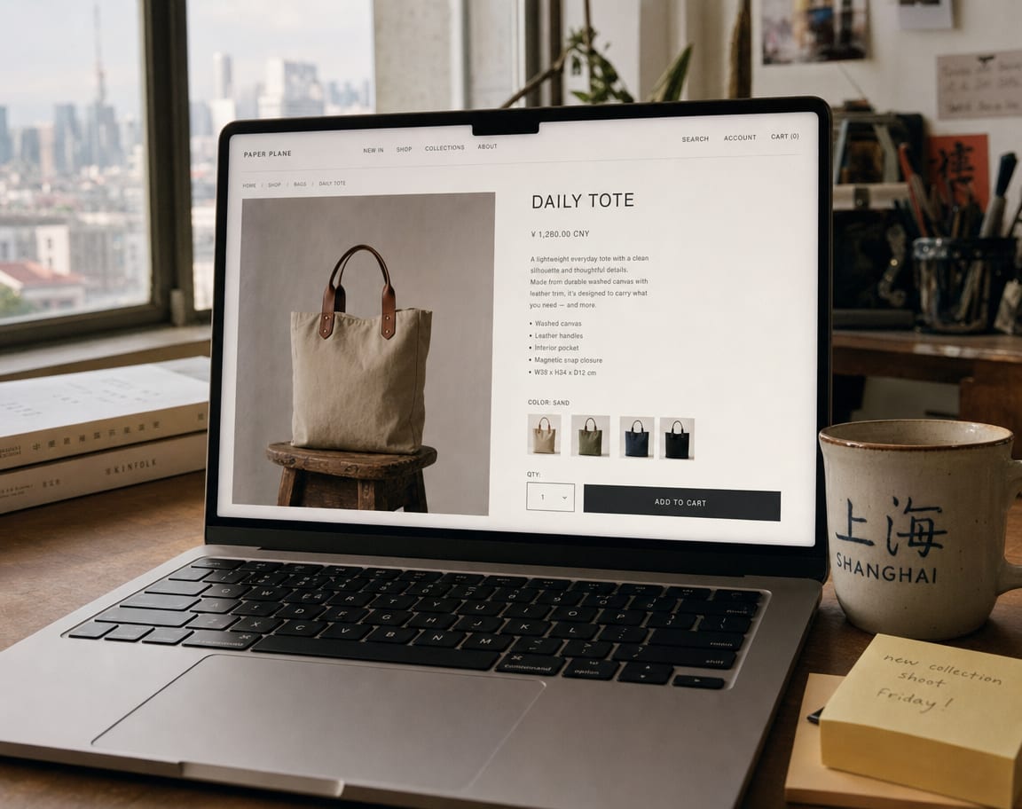An open laptop on a studio desk, the screen filled with an online store product detail page, a large product image, a title and price block, variant swatches and a wide add-to-cart button.