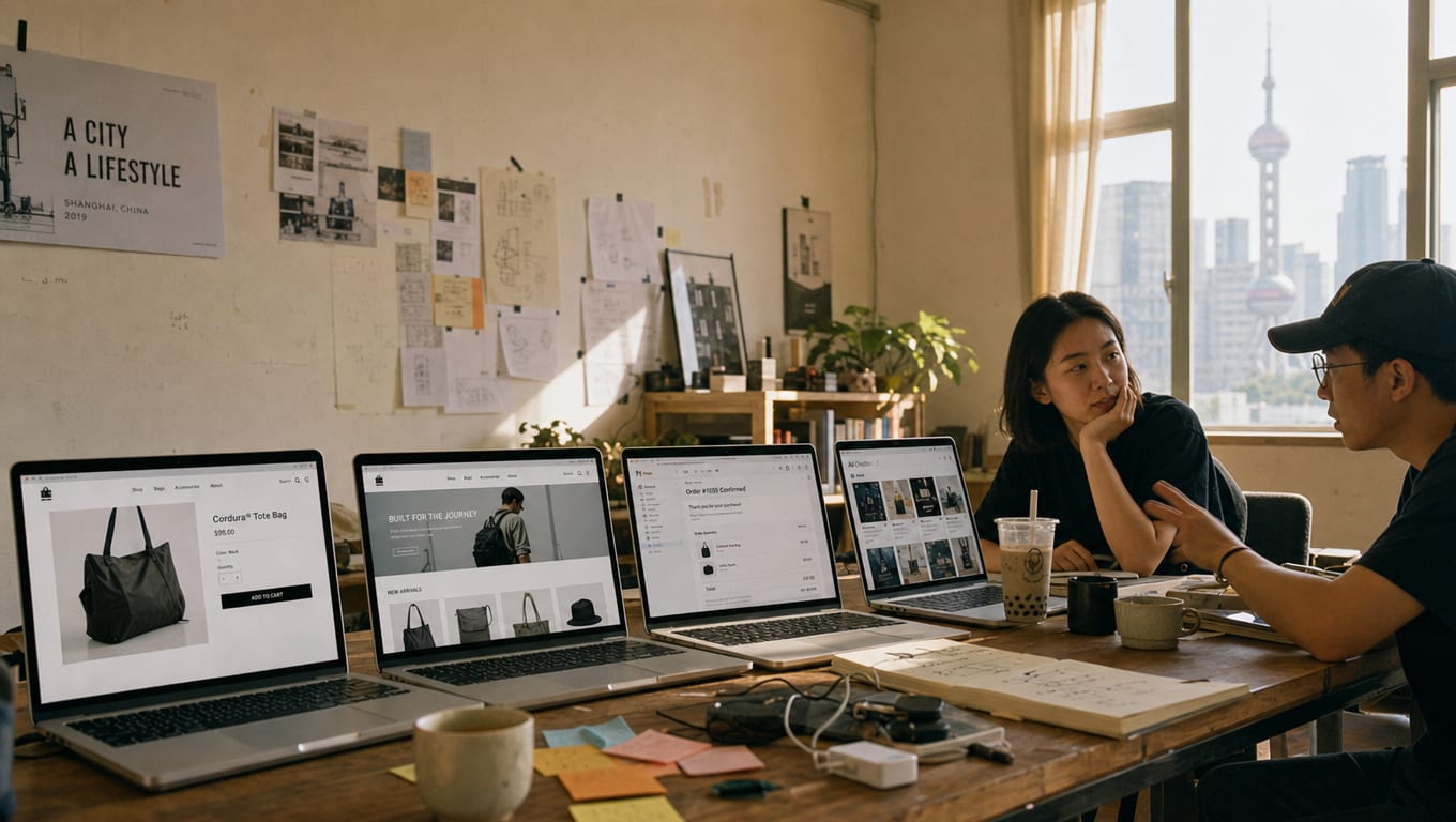 A wide editorial shot of two designers at a daylit studio table, four laptop screens lined up showing an online store product detail page, a homepage with a collection grid, an order-confirmation email and an ad creative library, one per service lane.