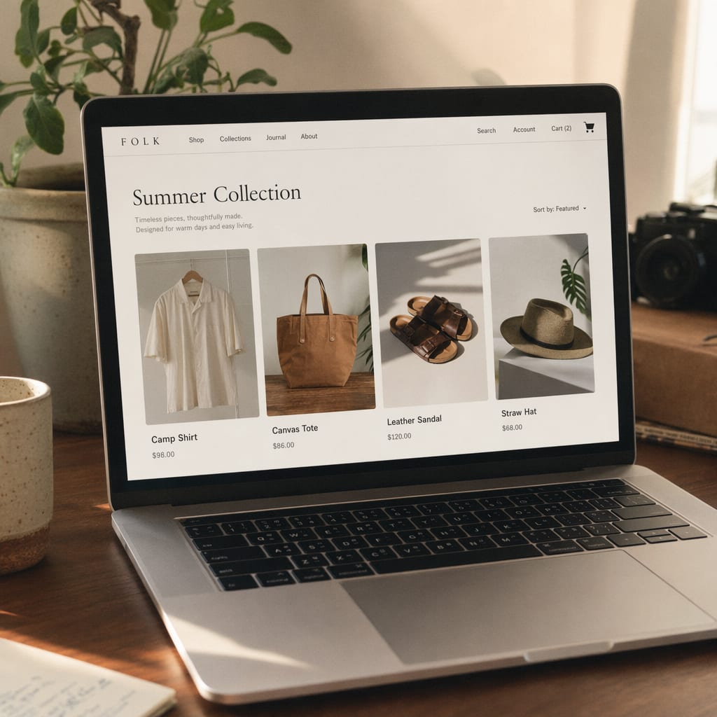 A laptop screen showing an online store collection page, a top navigation bar with a small cart icon and a grid of product cards below, each card carrying a product photograph, a name and a price.