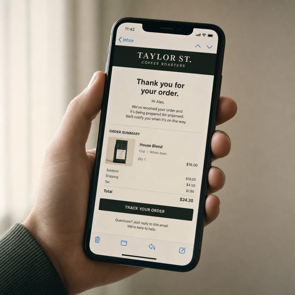 A phone held vertically, the screen showing an order-confirmation email open in an inbox, a brand header strip, a product line item with a thumbnail and a price, an order summary block and a wide track-order button.