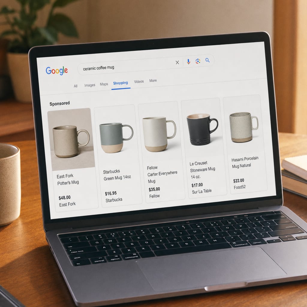 A laptop screen showing a Google Shopping results strip, a horizontal row of product cards each with a photograph, a price and a store name, the Sponsored label sitting above the row.