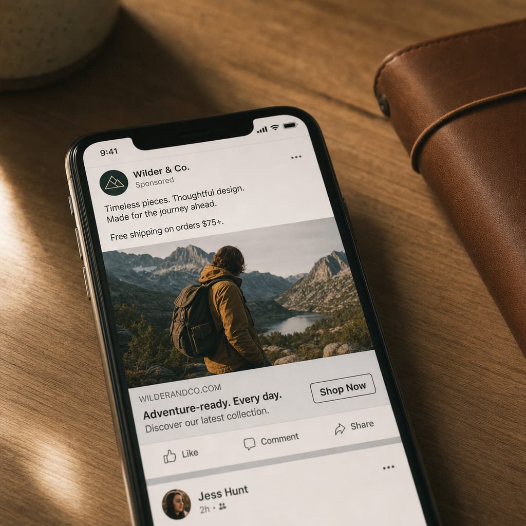 A phone screen showing a paid social feed ad for an online store, a wide product lifestyle image inside a feed card, the small gray Sponsored label and a shop-now call-to-action button visible at the lower edge.