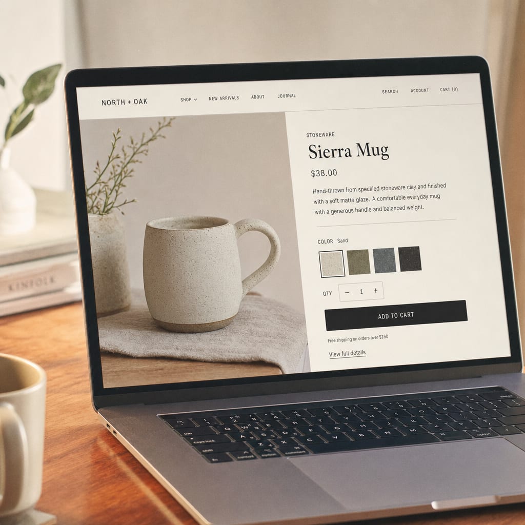An open laptop screen filled with a single online store product detail page, a large editorial product photograph on one side, a title, a price line and a short description on the other, a row of variant swatches and a wide add-to-cart button beneath.