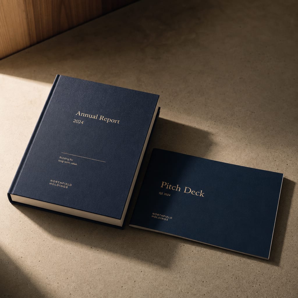 A navy linen annual report and a closed pitch deck on a polished concrete table in late afternoon light.