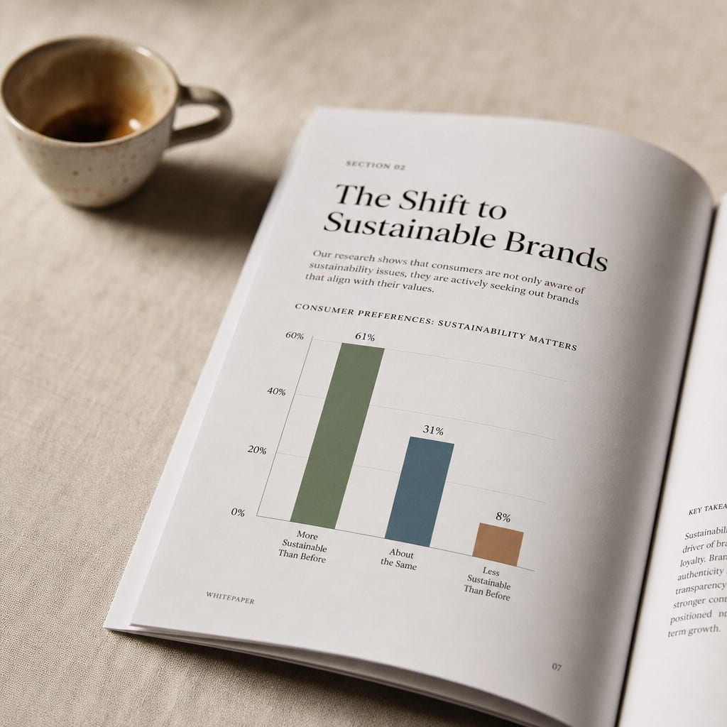 An open softcover whitepaper on linen, showing a serif headline and a single hero chart.
