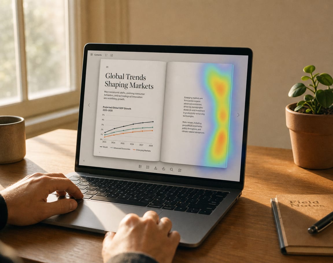 A laptop on a daylit desk showing an interactive HTML5 flipbook of a report with a faint engagement heatmap overlay.
