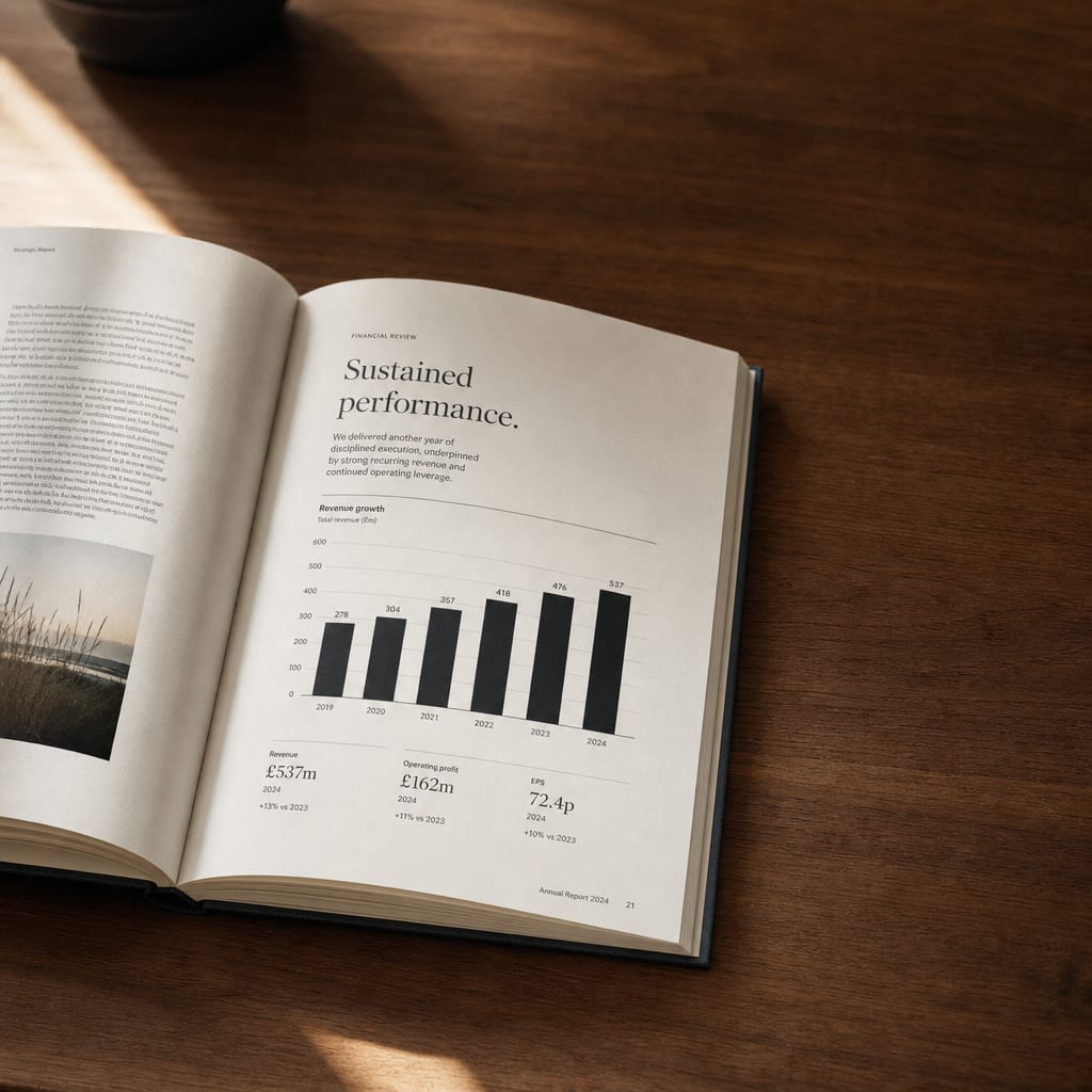 A hardcover bound annual report lying open on a warm walnut desk.