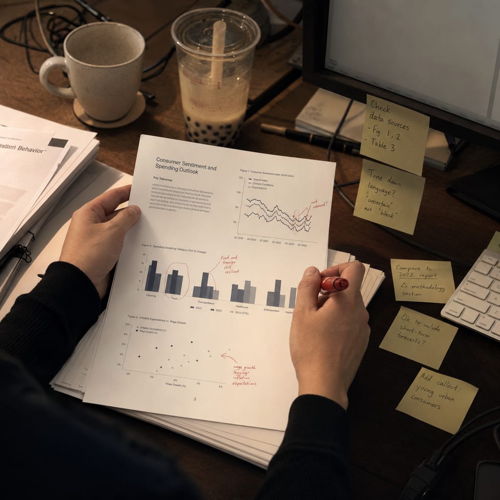 Two hands reviewing a printed proof of a research report, with a red editing pen resting on a chart.