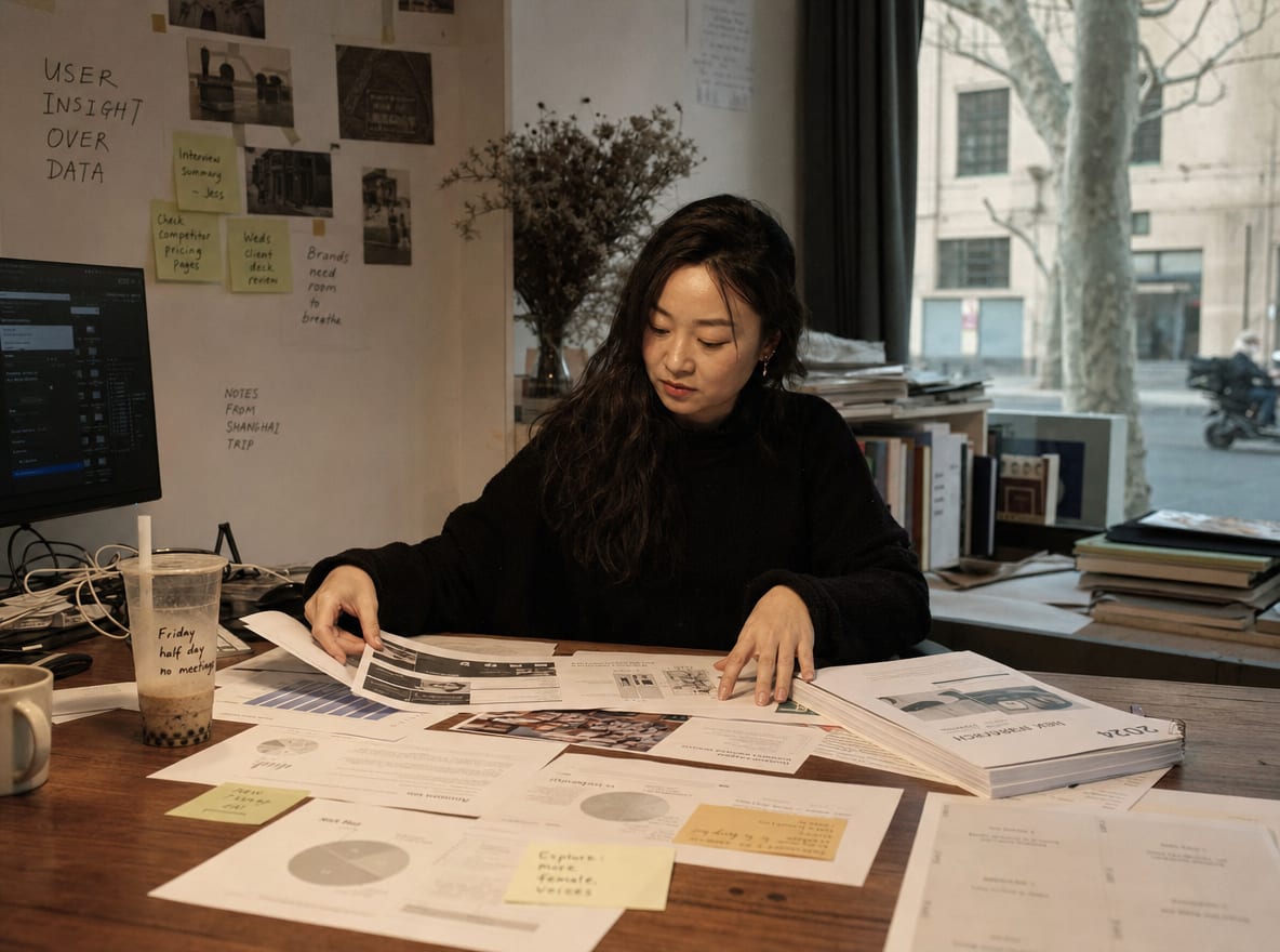 A senior editor at a wooden worktable spreading out research printouts, data sheets and a draft brief beside a bound report.
