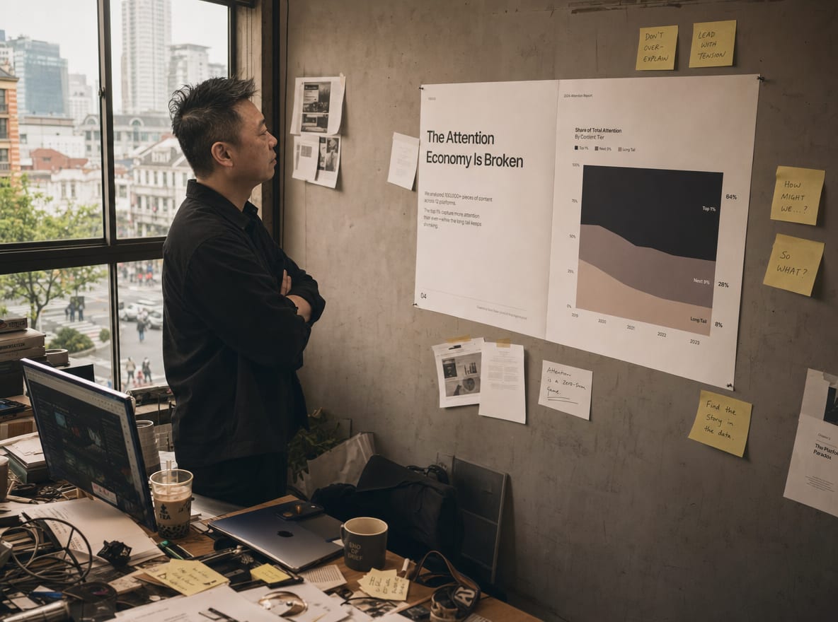 A senior editor studies a single sample spread mocked up on a studio wall, showing the thesis and one hero chart.