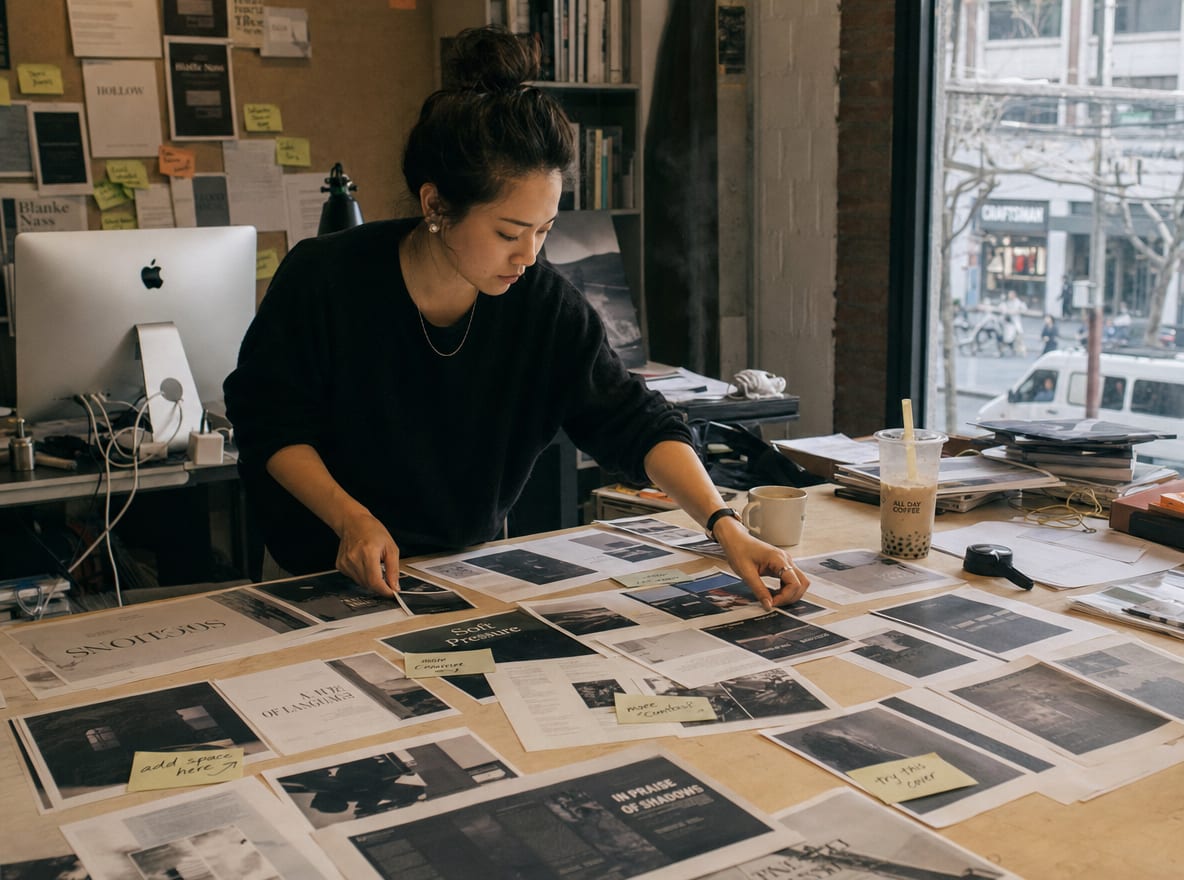 A designer arranging a grid of dozens of cover and spread direction proofs across a daylit worktable.
