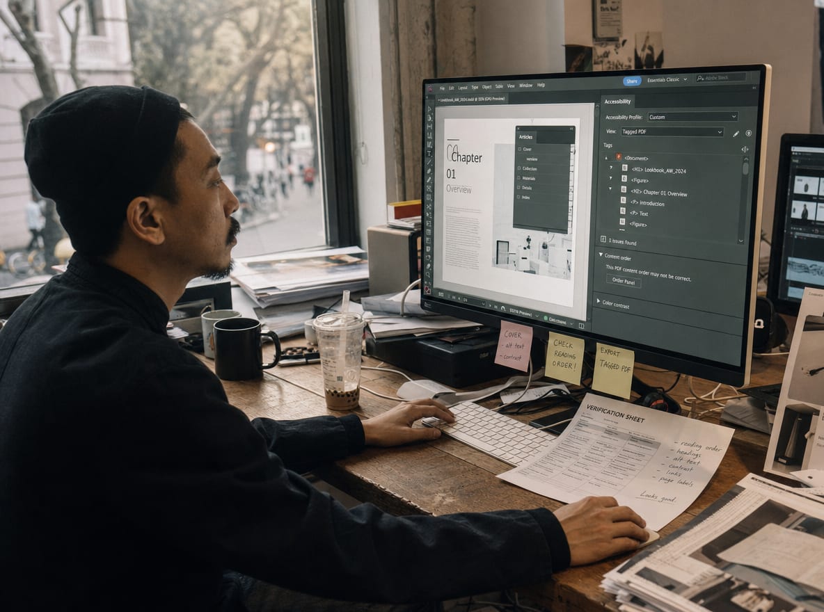 A designer's monitor showing an InDesign layout with accessibility tagging panels open beside a printed PAC verification sheet.