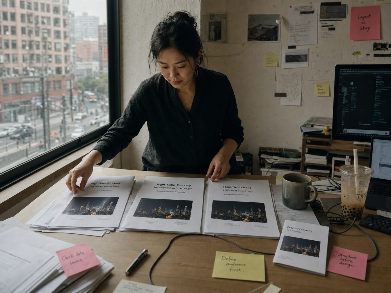 One report shown in three language editions and a smaller executive summary, lined up on a daylit table.