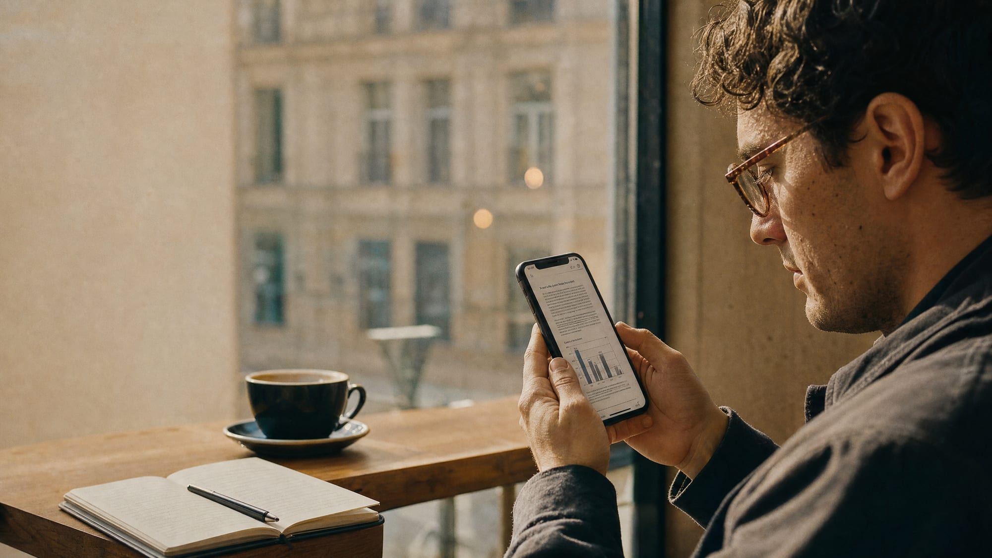 A professional at a sunlit cafe window seat reading a PDF report on their smartphone.