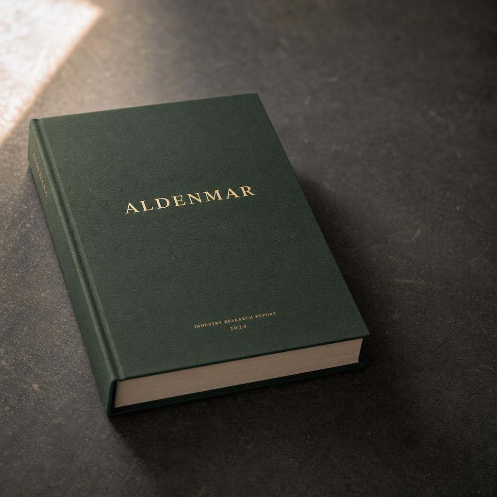 Hardback industry research report with a forest-green linen cover and a gold-foiled Aldenmar wordmark, on charcoal stone.