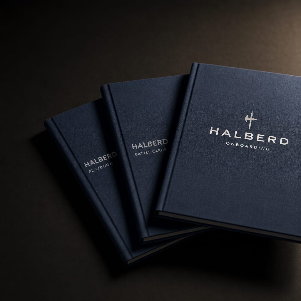 Three navy linen sales enablement ebooks printed with a white Halberd wordmark, fanned out on matte black.
