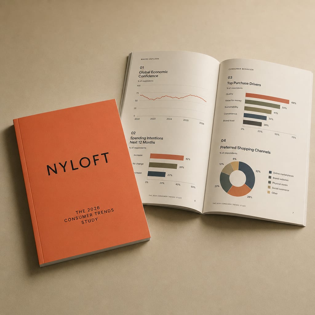 Coral-orange softcover consumer trends study printed with a black Nyloft wordmark, beside an open spread of data charts.