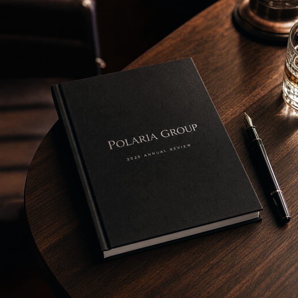 Black linen-bound annual review with a silver-foiled Polaria Group wordmark, on a dark walnut conference table.