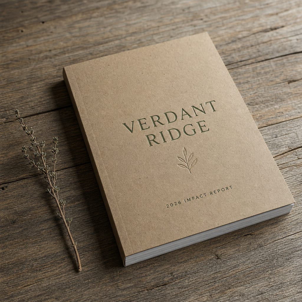 Thick kraft-cover sustainability report letterpressed with a Verdant Ridge wordmark and a small leaf glyph, on weathered oak.