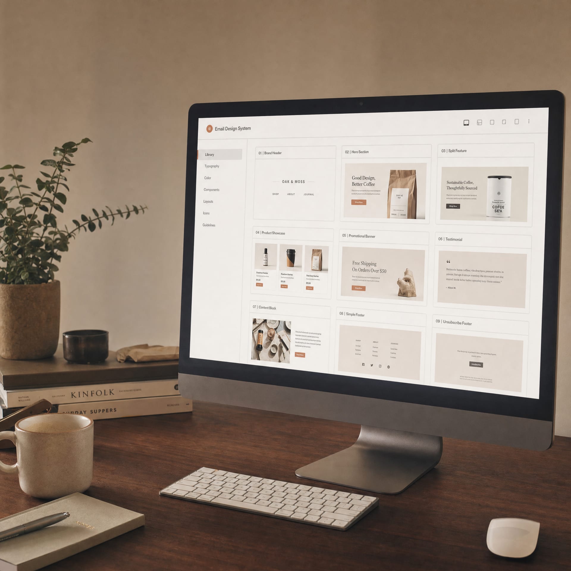 A 27-inch iMac showing an email design system library, a tidy grid of nine reusable modules in muted brand colours.