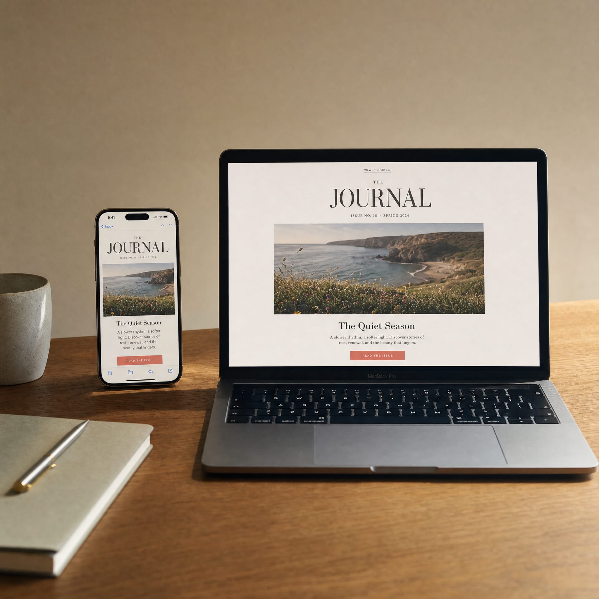 An iPhone and an open MacBook side by side, both screens showing the same editorial newsletter email at desktop and mobile crops.
