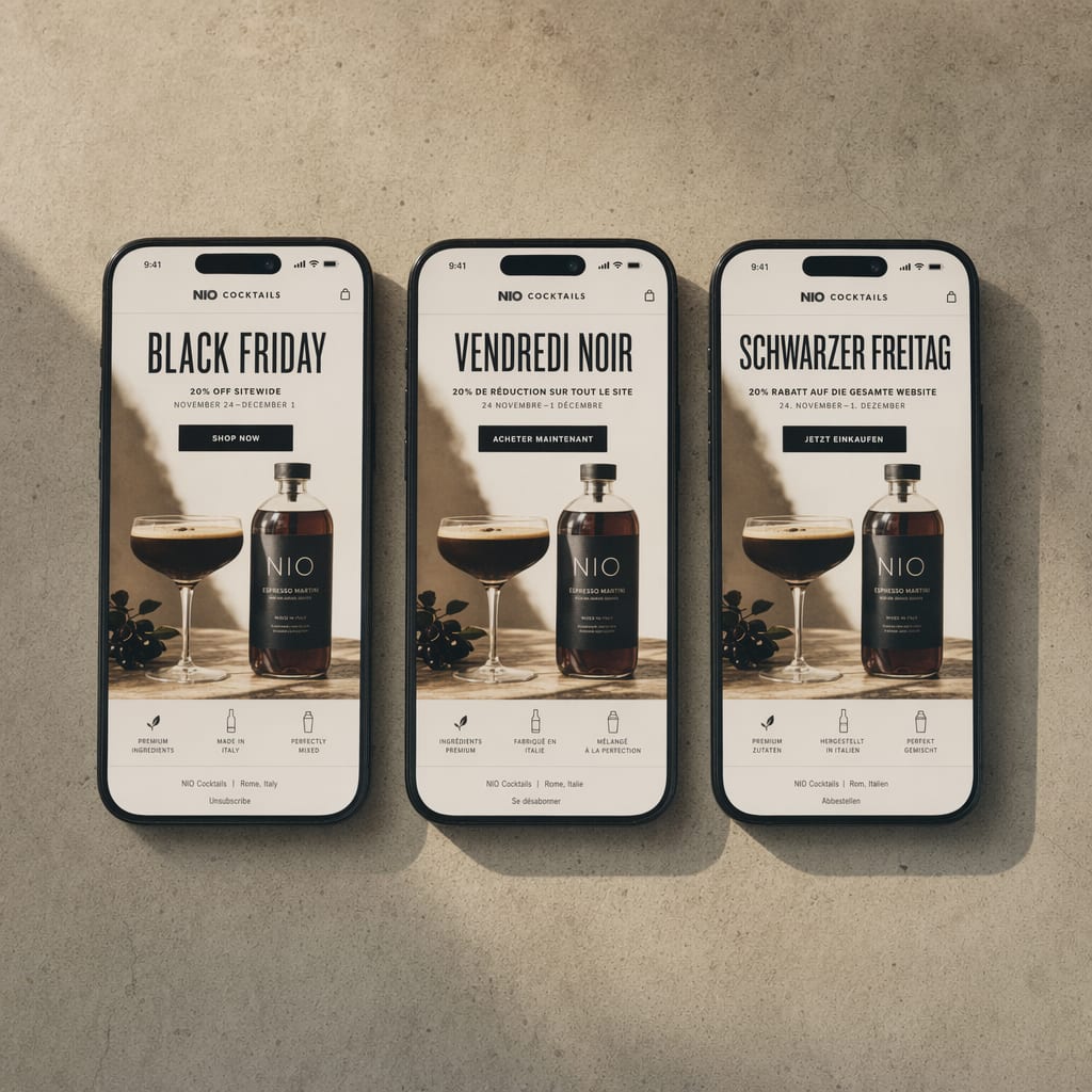 Three iPhones laid flat showing the same Bevra Black Friday email in English, French and Simplified Chinese.