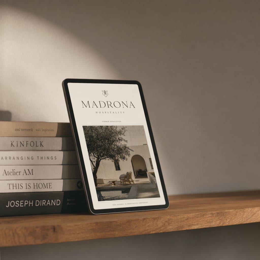 iPad propped against art books showing a Lirien hospitality newsletter, a serif wordmark and a single architectural courtyard photograph.