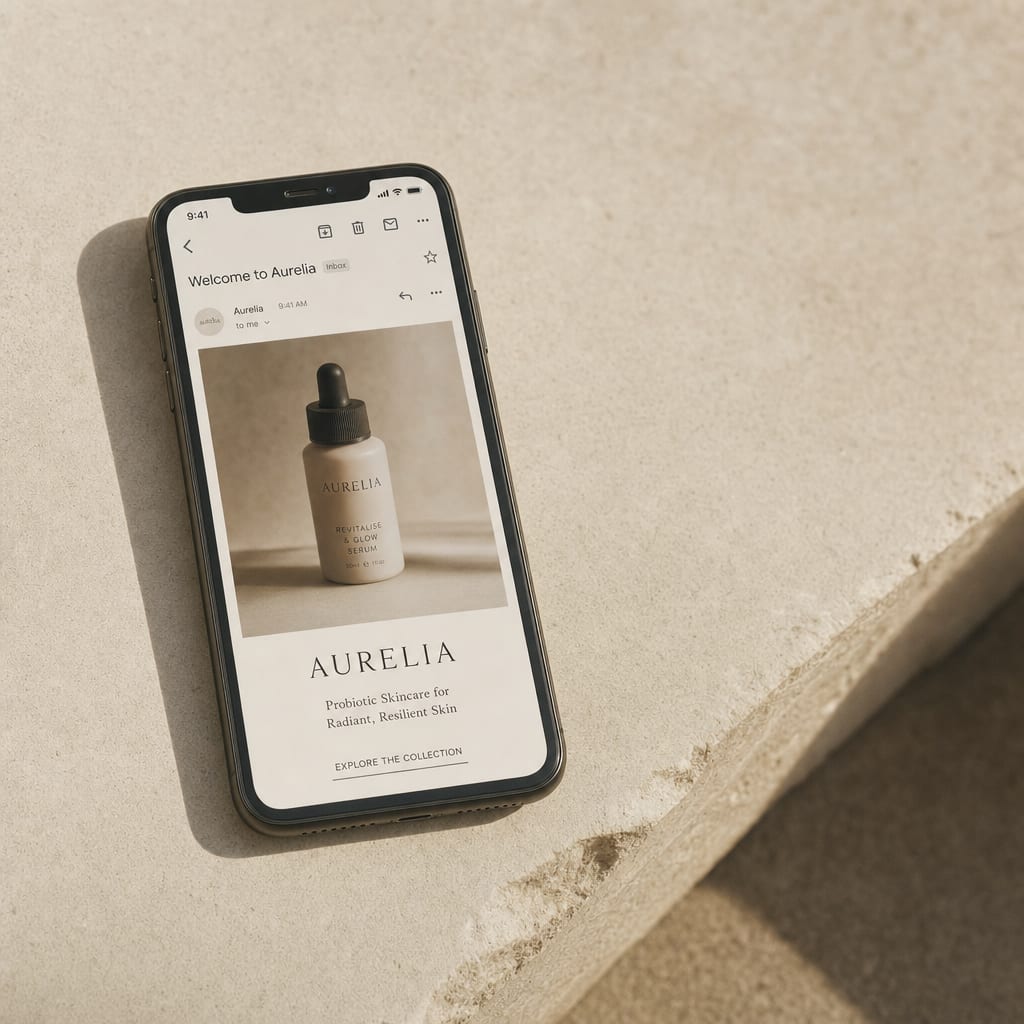 iPhone on a sandstone slab showing the first email of the Maven beauty welcome series, a soft bottle still life above the wordmark.