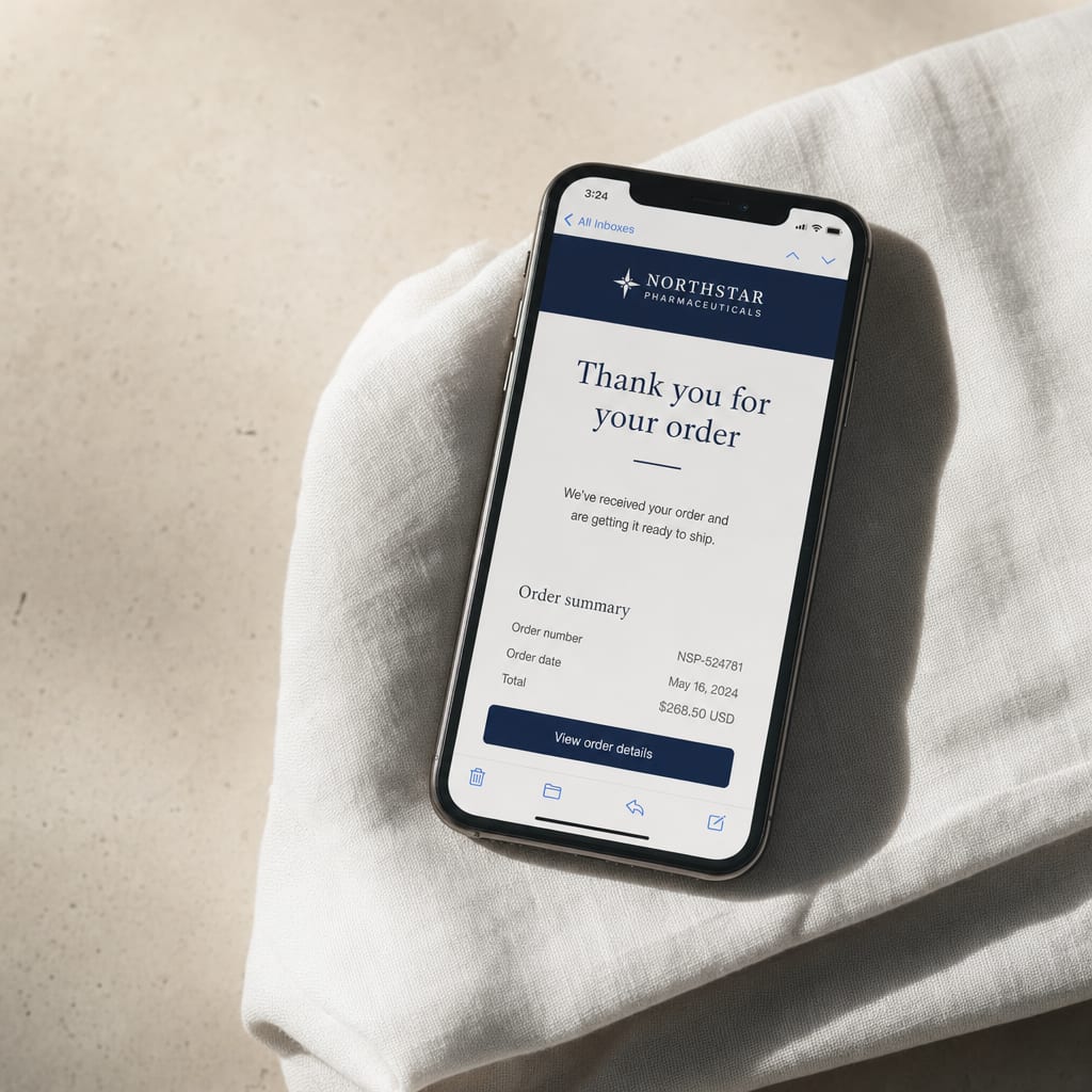 iPhone on folded white cotton showing a Polaris Bio order confirmation, a restrained navy header and a short order summary.