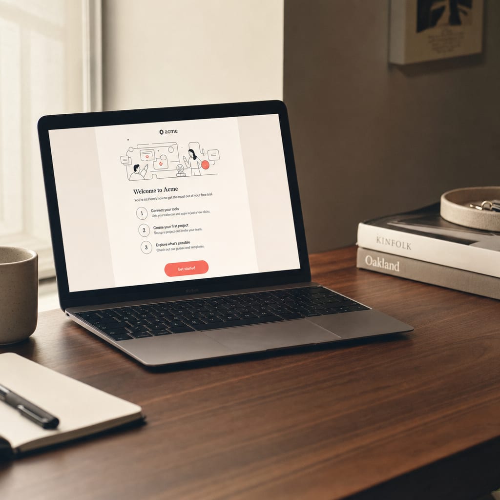 MacBook showing a Veld SaaS onboarding email with a line-art illustration, a three-step list and a single coral CTA button.